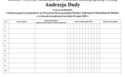 Karta podpisów z poparciem kandydata na Prezydenta RP Andrzeja Dudy w wyborach zarządzonych na dzień 10 maja 2020r.